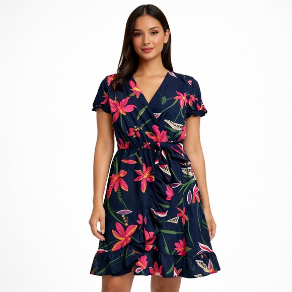 Elsie & Zoey Dresses & Skirts - Elsie & Zoey Floral Wrap Dress Navy Pink Ruffle Hem Size L/XL Boho Chic NWT